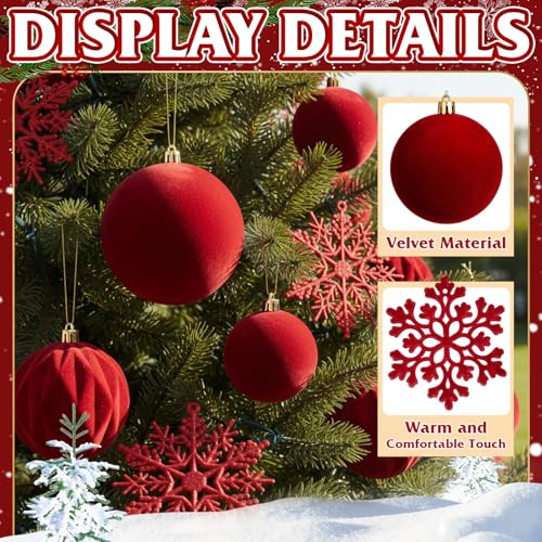 Christmas Velvet Ball and Snowflake Ornament Set - Burgundy Red, 36 Pcs