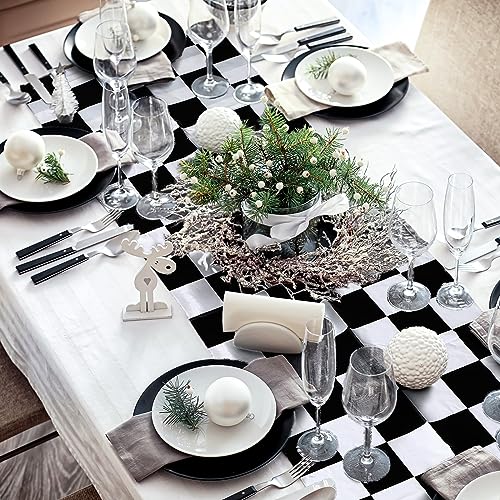 Preboun 3 Pcs Black White Checkered Plastic Table Runner - 14 x 108 Inches - Racing Theme Party Supplies
