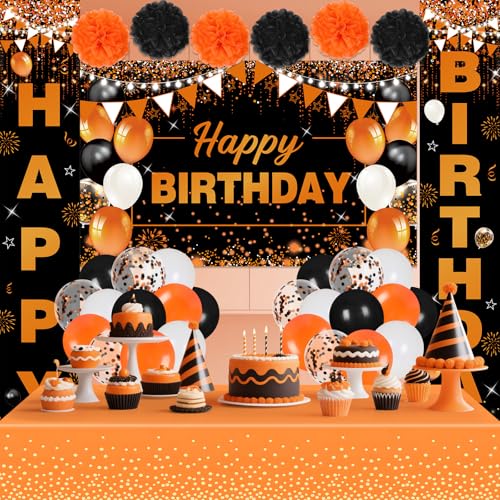 Orange & Black Birthday Decorations Set - Banner Balloons Tablecloth Pompoms - Variation: Orange Black