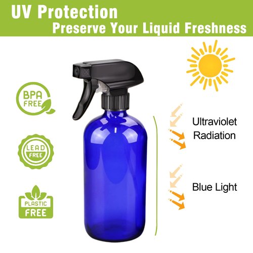 HAOERMEI 16oz Glass Spray Bottles,2-Pack Refillable Empty Spray Bottl for Cleaning, Hair Care, Plants - Adjustable Nozzl - Blue
