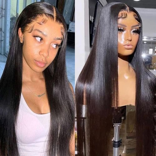 Maycaur 30 Inch Black Synthetic Lace Front Wig with Baby Hair Light Yaki Glueless HD Lace Wig Natural Hairline Pre-Plucked Long Straight Wig for Black Women