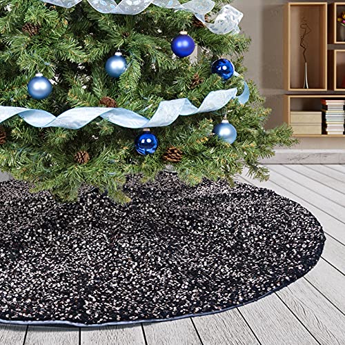 AtiMing 48 Inch Black Sequin Christmas Tree Skirt Sparkly Xmas Base Cover