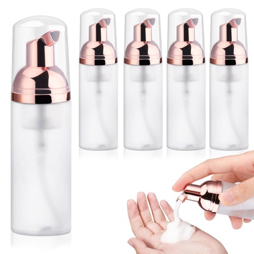BOSMIOW 5PCS 50ml/1.7oz Clear Plastic Frosted Foam Bottles with Rose Gold Pump Head Empty Mini Soap Dispenser Refillable Mousse Bottles for Shampoo Shower Gel Hand Soap Foaming