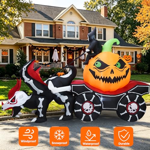 9 FT Halloween Inflatable Pumpkin Carriage with Grim Reaper & LED Lights
