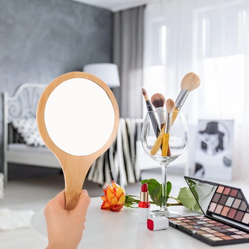 NOLITOY Small Bamboo Hand Mirror, 5.3in* 10in Portable Single Side Handheld Vanity Mirror with Wooden Frame Travel Makeup for Women and Girls