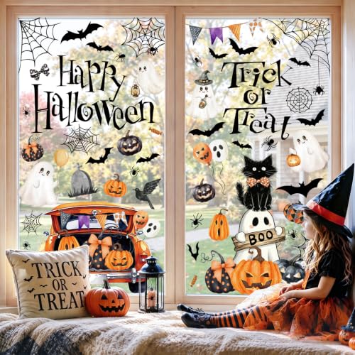 Halloween Window Clings Set - Reusable Spooky Ghost Pumpkins Black Cat Decorations