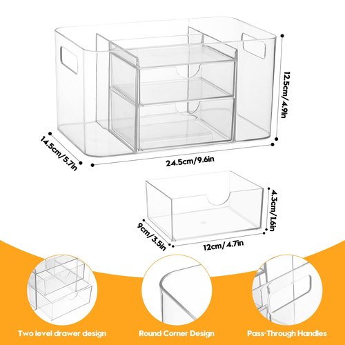 Imakmasion 2-Drawer Hair Accessories Organizer, Large Capacity Clear Acrylic Vanity Organizer with 3 Compartments, Hair Brush Holder for Hair Ties, Clips, Scrunchies and Bobby Pins