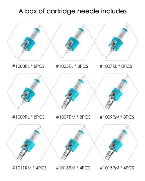 60 Assorted Tattoo Needles Cartridge Mixed Size #10 Bugpin(Round Liner 3RL*8, 5RL*8, 7RL*8, 9RL*8, 11RL*4 Round Magnum 9RM*8, 11RM*4, 13RM*4, 15RM*4) 0.3MM Disposable EN05S-BFG-60KIT-K
