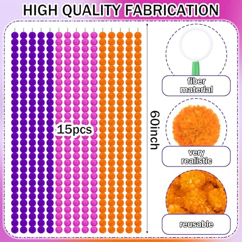 Artificial Marigold Garland 15 Pack - Orange, Dark Purple, Violet 5ft for Party Decor