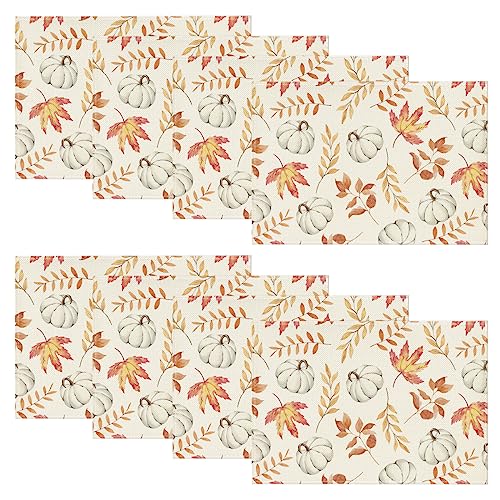 Maple Leaf Pumpkins Fall Placemats Set of 8 - 12 x 18 Inches Beige & Orange
