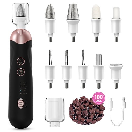 Professional Manicure Pedicure Kit, 9 in 1 Cordless Nail Drill with 100 pcs Nail Drill Bits Sanding Bands, Nail Grinder for Human, 5 Speeds, Nail Dremel Kit for Home and Salon Use