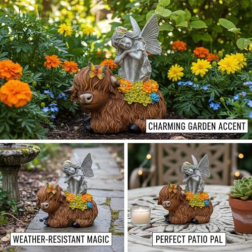 Solar Angel Sitting on Highland Cow Garden Statue with LED Lights - Outdoor Decor Gift