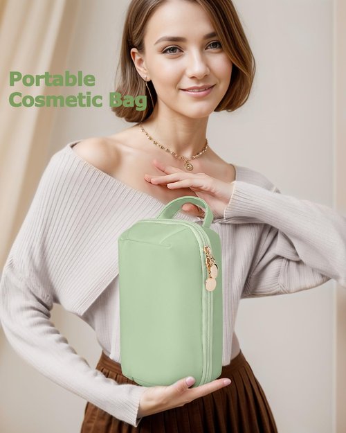 Soimeat Travel Makeup Bag Gift for Women, Soft PU Leather Cosmetic Bags, Waterproof Toiletry Bag, Portable Wide Open Pouch, Travel Cosmetic Bag with Divider and Handle, Medium, Green