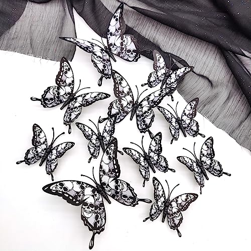 Halloween Butterfly Wall Sticker with Skull Design - Black 3D Decorations, 24 Pcs