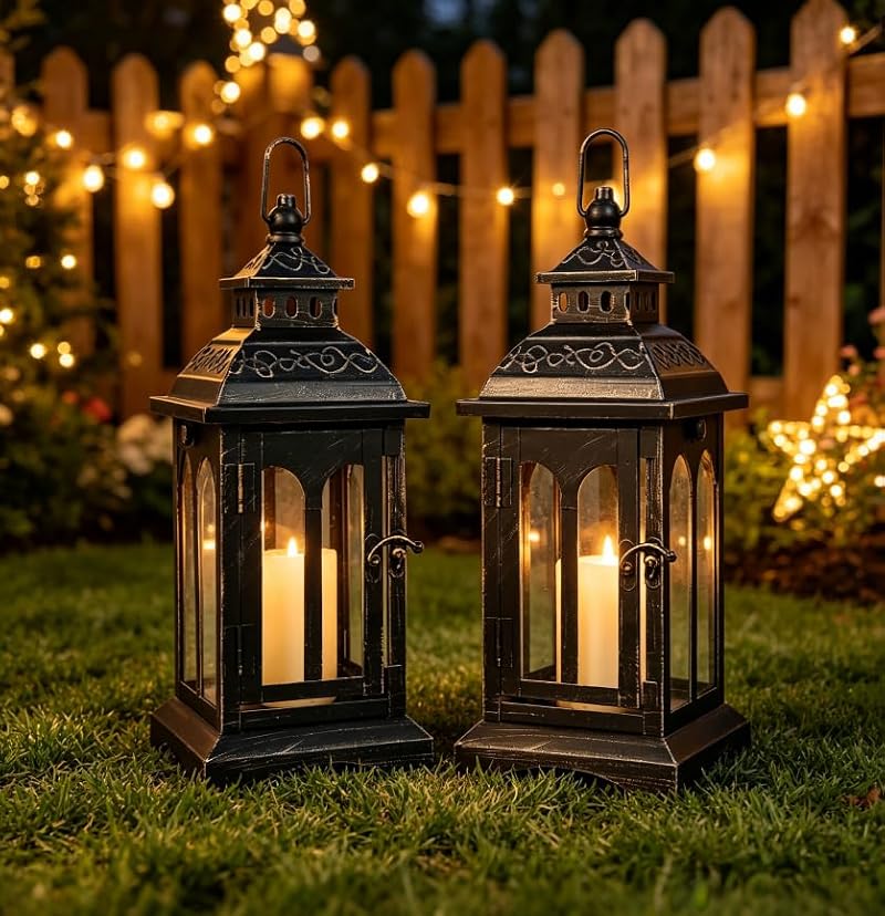 DECORKEY Black Copper Brush Candle Lanterns 2-Pack Indoor Outdoor Home Decor