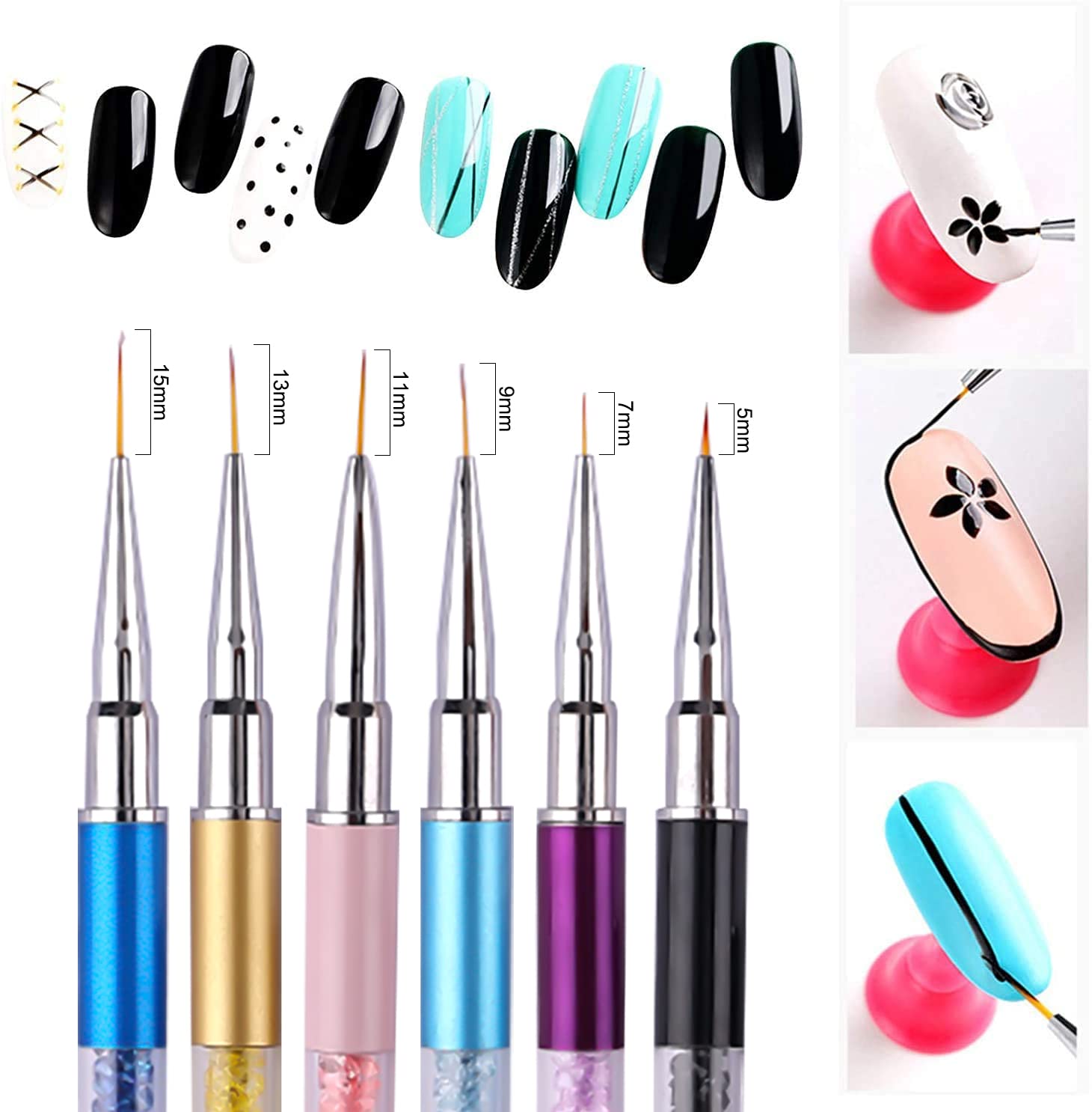 WOKOTO 6pcs Thin Nail Art Liner Brush For Nails Professional Nail Art Brushes Set Rhinestone Handle Nail Detail Brush Nail Gel Polish Painting Pens Nail Art Design Brushes Pen Set For Acrylic Nails