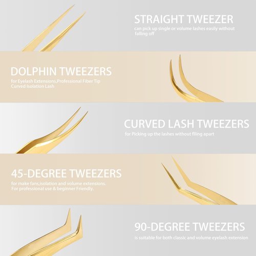 Etercycle High Precision Lash Tweezers Set - Includes 5 Stainless Steel Eyelash Tweezers for Classic Individual and Volume Lash Extensions. Complete with Storage Box