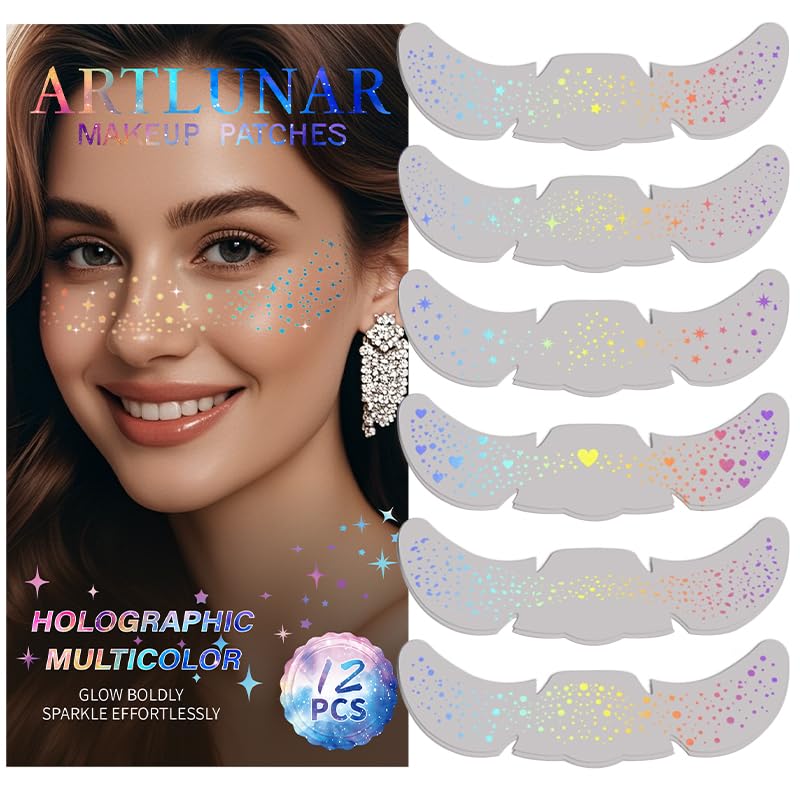 Holographic Multicolor Face Glitter Makeup Patches for Festivals & Parties - 12Pcs