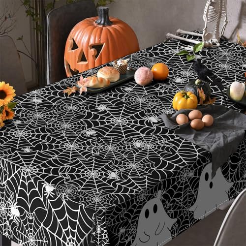 Halloween Spooky Ghost and Spider Web Tablecloth 60x84 Inch Black - Washable & Reusable