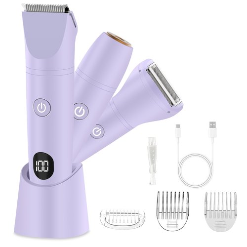 Bikini Trimmer for Women, Electric Razor for Pubic Hair 3-in-1, Bikini Shaver for Legs Body Hair, Womens Electric Razor IPX6 Waterproof, Gifts for Women,Purple