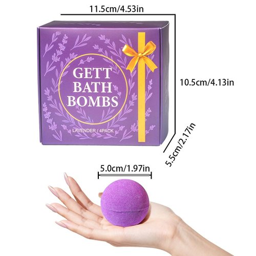 GETT Lavender Bath Bombs 4-pcs, Individually Wrapped Bath Bombs for Men & Women, Luxury Gift Set with Vegan and Essential Oils, Relaxing and Moisturizing Bubble Bath, Organic Bath Essentials for All