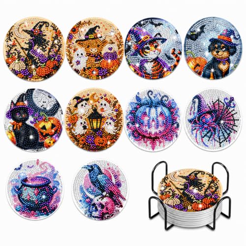 Gorgeous Halloween Diamond Art Coasters Kit - 10 pcs with Stand