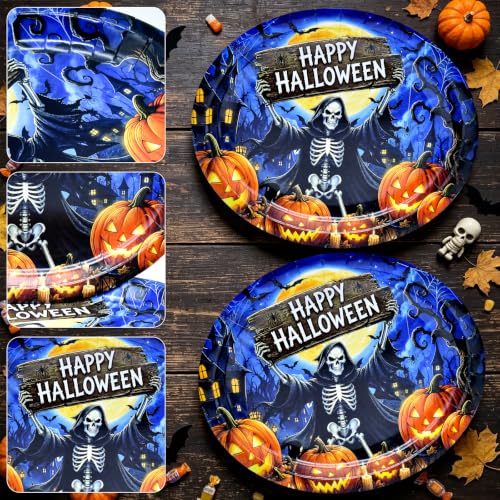 Halloween Skeleton Oval Paper Plates 9x11 - 50 Pack | Spooky Party Supplies