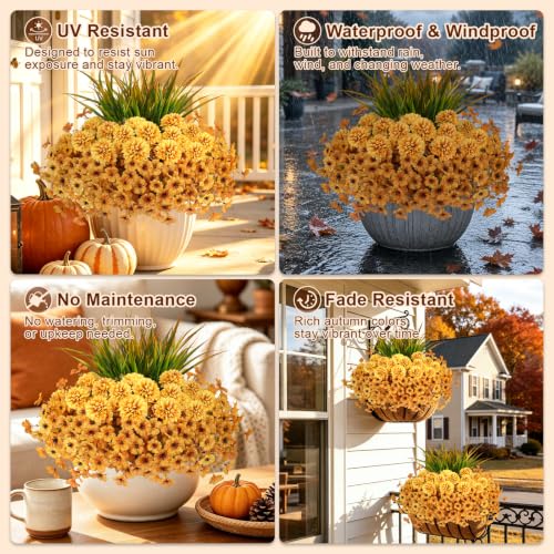 Artificial Fall Flowers for Outdoors - UV Resistant Silk Mums & Chrysanthemums - Yellow & Grass Variation of THIS listing
