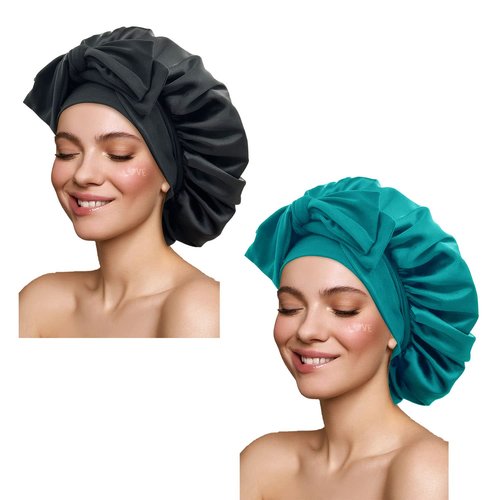 Satin Silk Hair Bonnet for Sleeping Large Bonnets with Tie Band Wrap with Adjustable Straps Night Sleep Caps for Women Curly Braid Hair (Black,Dark Turquoise)