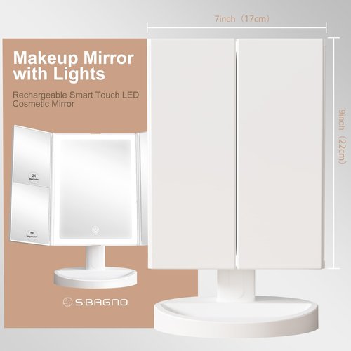 S'bagno LED Makeup Mirror with Lights, 1X/2X/5X Magnification, 3 Color Dimmable LED Modes, 270° Rotation, Trifold Vanity Mirror for Travel, Skincare & Grooming
