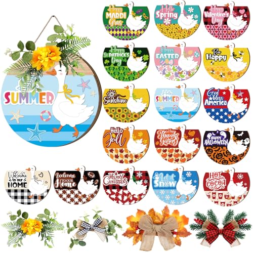 Interchangeable Seasonal Welcome Sign with Goose & Light Brown Wreath - 12x12 Inches