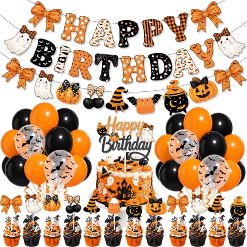 Halloween Birthday Decorations Set with Ghost Banner Balloons & Cake Topper