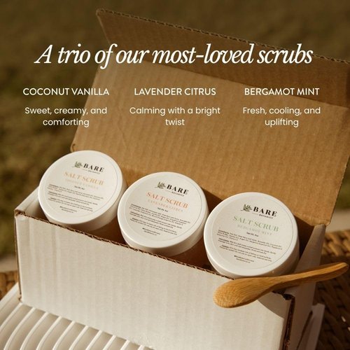 Bare Botanics 3 pc Body Scrub Gift Set - Ready to Gift Naturally Scented Sea Salt Scrub Made in Madison, WI - Formulated w/Skin Loving Moisturizers - Vegan, Cruelty Free Exfoliator w/a Cute Spoon
