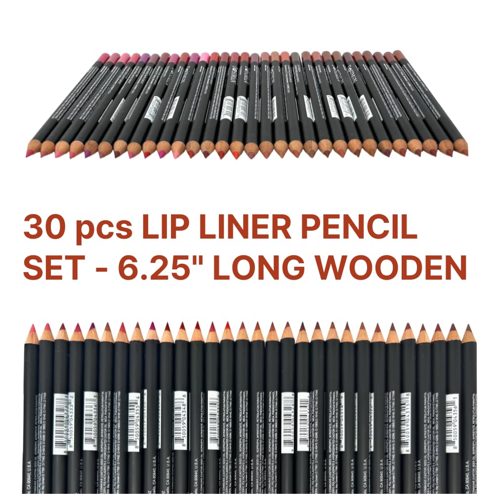 30 pcs Lip Liner Pencil Set, High Pigmented Lip Makeup, Long-wearing, Deep and Rich in Color, Enhance Lip Volume, 6.25 inches Long Wooden Pencil