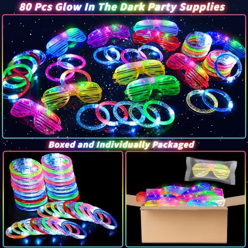 LED Glasses and Bracelets Party Supplies - 120 Pcs Neon Glow in the Dark Set - Kid & Adult Rave Birthday Halloween Wedding