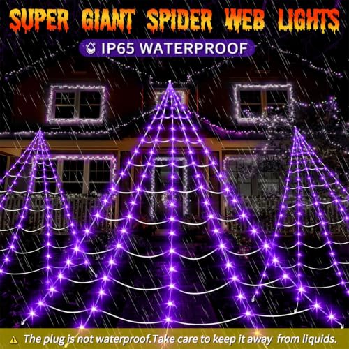 Purple Lighted Spider Web Kit with 200 LEDs, 16.4Ft Outdoor Halloween Decoration - Without Spider
