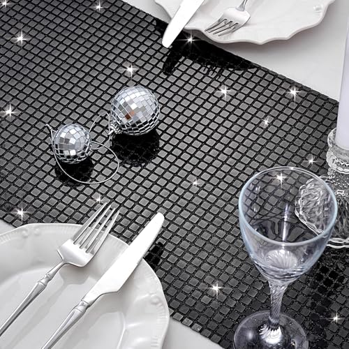 Black Sequin Table Runner 8 Pack - 13x72 Inch Glitter Mirror Fabric for Party