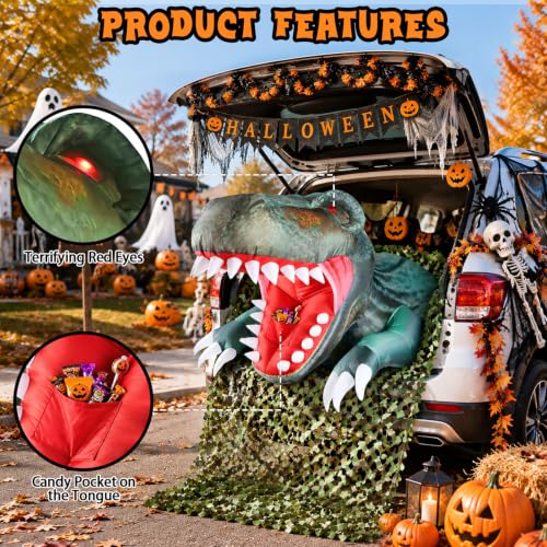 Halloween Inflatable T-Rex Car Decor Kit with LED Lights and Interactive Candy Pouch - 4FT