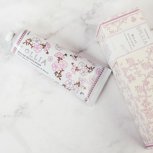 LOLLIA Relax Handcreme, 4 oz, Sugar Cane, Vanilla Bean, & Jasmine, Scented Hand Cream for Women, Moisturizing Lotion for Dry Hands, Quick Absorbing Shea Butter & Cocoa Butter, Luxury Purse Essentials