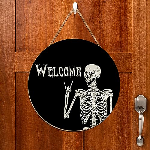 Halloween Skull Welcome Wreath Door Sign - Rustic Wooden Holiday Decor