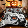 King Size Halloween Quilt Set Black Patchwork with Pumpkin Ghost Design - Luxudecor