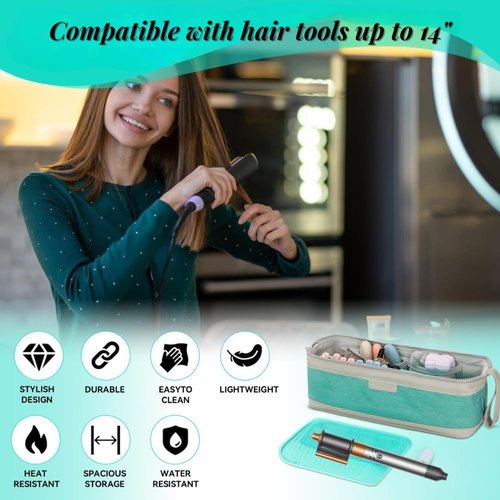 BeautyLA ‍Hair Tool Travel Bag with Heat Resistant Mat – Travel Case for Curling Iron, Straightener, Dy son Air wrap, Shark FlexStyle – Waterproof Organizer with Silicone Bottles