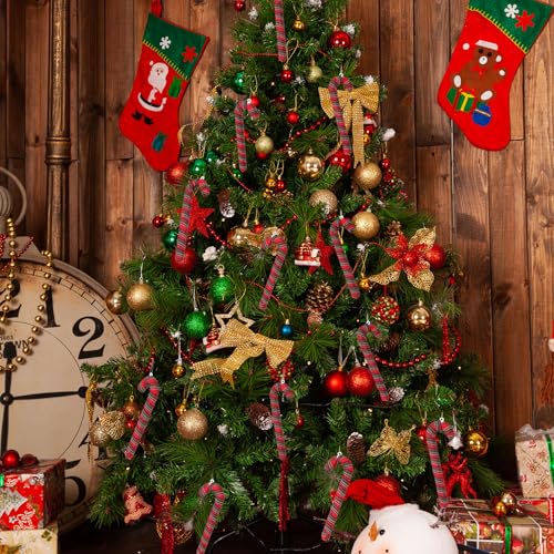 Red Plaid Candy Cane Christmas Tree Ornaments - Farmhouse Decor, 12 Pack