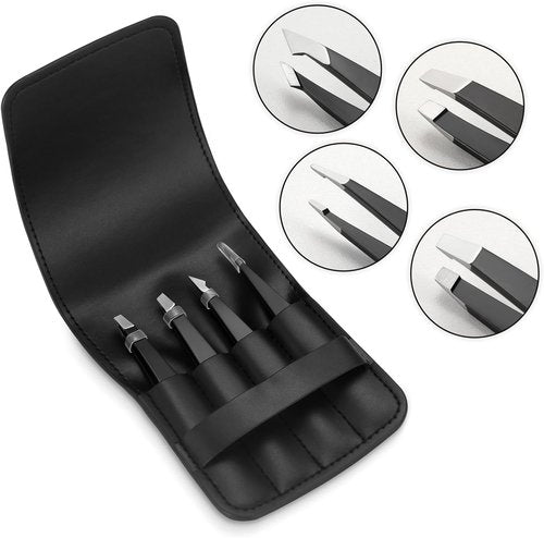 Pefei Tweezers Set - Professional Stainless Steel Precision Tweezers for Eyebrow & Facial Hair Removal | Black