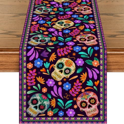Dia De Los Muertos Table Runner 13x72 Inch Rustic Linen Mexican Sugar Skull Day of The Dead Decor