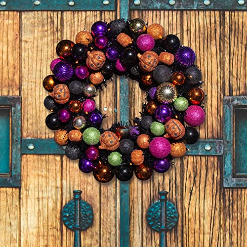 Halloween Wreath with Lights and Pumpkin Ornament - 18 Inch Pumpkin Variation