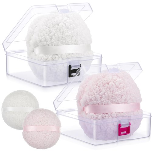 Tioncy 4 Pcs Extra Large Powder Puff for Body Powder 6 x 6 x 3 Inches Powder Puff and Container White Pink Soft Loose Powder Puff and Clear Container for Women