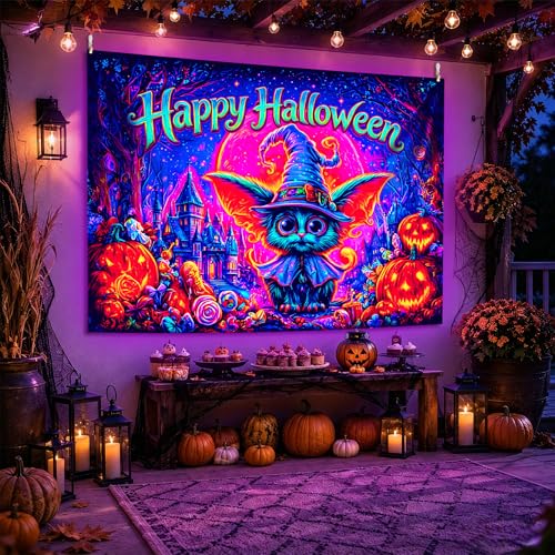 Halloween Wizard Cat UV Reactive Glow Wall Tapestry, 90x70 Inches - Spooky Backdrop