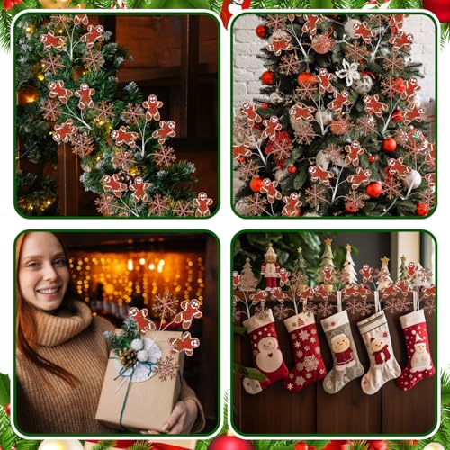 Gingerbread Man Christmas Tree Picks Set - Holiday Snowflake Felt Ornaments, 17 Inch Xmas Decor