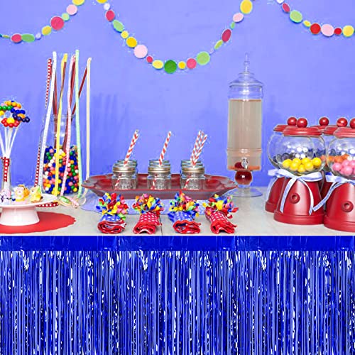 Blue Metallic Foil Fringe Table Skirts 29x108 Inches for Party Decorations - 6 Pack